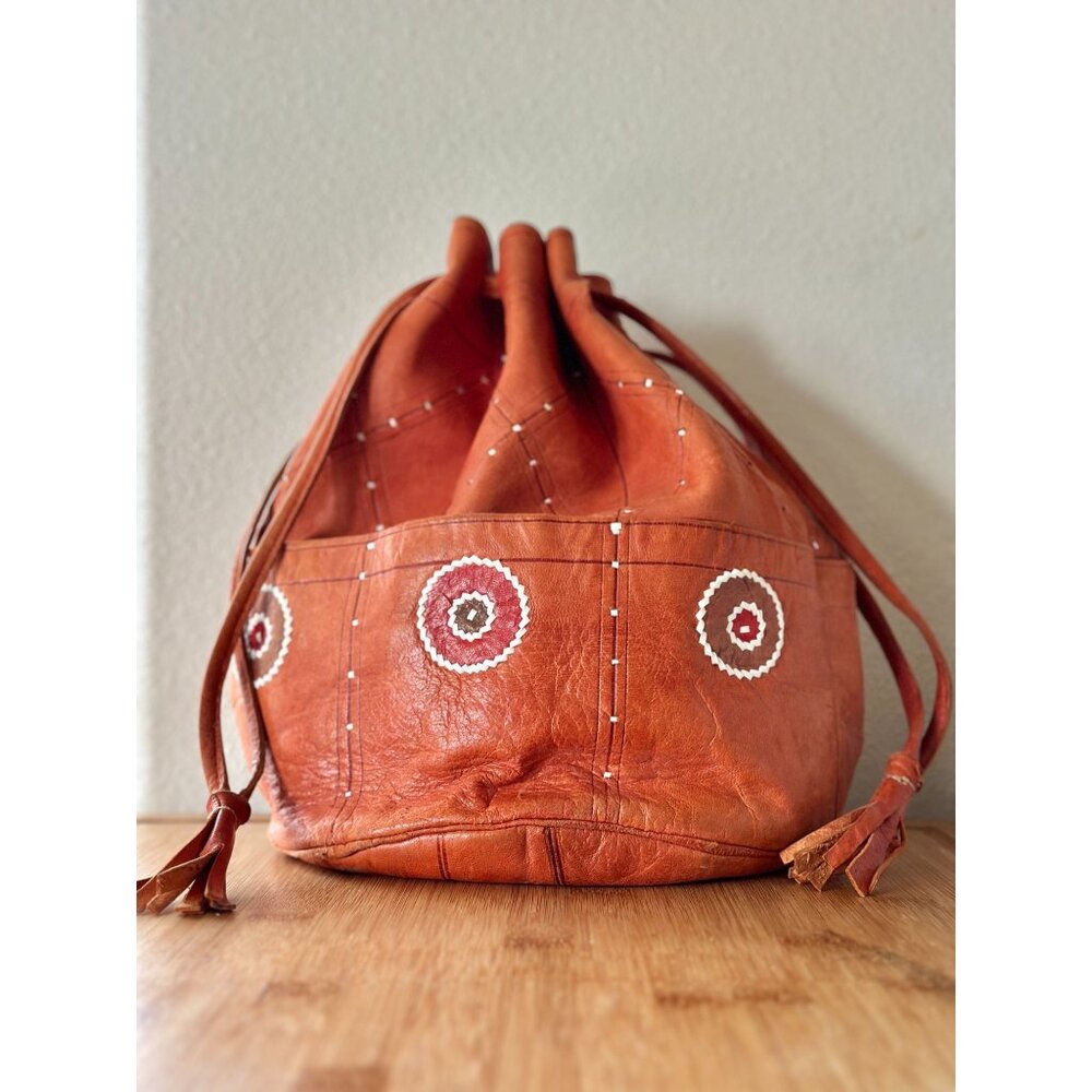 Vintage 1940s Moroccan Leather Handbag with Drawstring Closure / Vintage